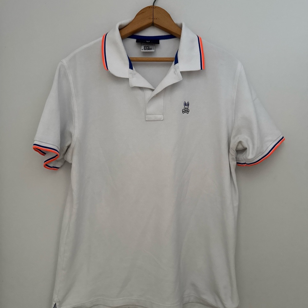 Psycho Bunny White Polo with Navy and Orange Trim Sporty Preppy Golfwear Summer